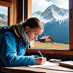 **A scenic mountain refuge in the Tatras mountains. A backpacker is writing a letter at a wooden table by a window, with snow-capped peaks visible in the background. A vintage postcard and a Polish postage stamp are visible on the table.** (Focus: Traditional communication, Polish mountains)