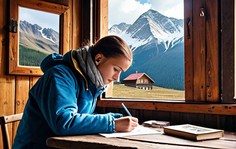 **A scenic mountain refuge in the Tatras mountains. A backpacker is writing a letter at a wooden table by a window, with snow-capped peaks visible in the background. A vintage postcard and a Polish postage stamp are visible on the table.** (Focus: Traditional communication, Polish mountains)
