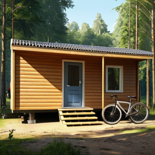 **

`A cozy "domek holenderski" (Dutch mobile home) at the edge of a lush forest in Poland. Sunlight filters through the trees, illuminating the wooden structure. Hiking boots are resting by the entrance, and a bicycle leans against the side. The scene evokes a sense of minimalist living and connection with nature.`

**