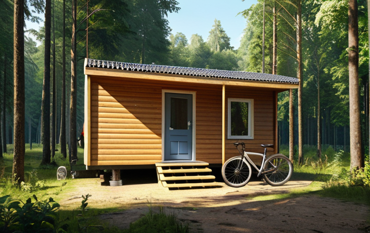 **

`A cozy "domek holenderski" (Dutch mobile home) at the edge of a lush forest in Poland. Sunlight filters through the trees, illuminating the wooden structure. Hiking boots are resting by the entrance, and a bicycle leans against the side. The scene evokes a sense of minimalist living and connection with nature.`

**