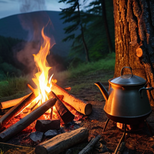 **

A cozy campfire scene in the Bieszczady Mountains, Poland. A steaming pot hangs over the fire, casting a warm glow on a rustic campsite. A backpack leans against a nearby tree. The background features a dark forest and a starlit sky. Emphasis on the sense of wilderness and adventure.

**