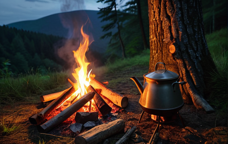 **

A cozy campfire scene in the Bieszczady Mountains, Poland. A steaming pot hangs over the fire, casting a warm glow on a rustic campsite. A backpack leans against a nearby tree. The background features a dark forest and a starlit sky. Emphasis on the sense of wilderness and adventure.

**