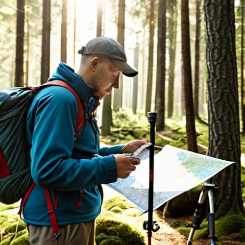 A hiker using a map and compass in a dense Polish forest. Backpack, trekking poles, and sunlight filtering through the trees. Emphasize the sense of navigation and preparedness.