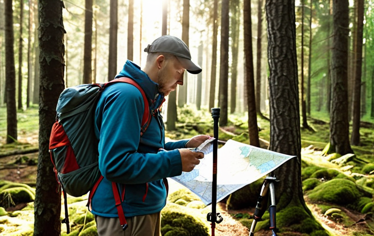 A hiker using a map and compass in a dense Polish forest. Backpack, trekking poles, and sunlight filtering through the trees. Emphasize the sense of navigation and preparedness.