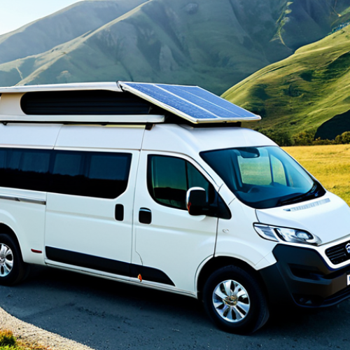 A person with dark hair, wearing practical, modest outdoor work clothing, stands beside a modern, well-equipped camper van. They are adjusting a solar panel on the roof of the van, overlooking a vast, serene natural landscape with rolling hills and a clear sky, bathed in warm sunlight. The scene emphasizes self-sufficiency and independence. Perfect anatomy, correct proportions, natural pose, well-formed hands, proper finger count. Fully clothed, modest clothing, appropriate attire, safe for work, appropriate content, family-friendly, professional photography, high quality.