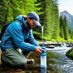 A professional wilderness explorer, fully clothed in practical, modest outdoor attire including a durable jacket and trousers, stands beside a crystal-clear mountain stream. Lush, vibrant green forest foliage densely surrounds the stream, with sunlight filtering through the canopy. The explorer is carefully examining the pristine water, with a modern, portable water filter visibly attached to a bottle, ready for use. The scene emphasizes the pure, untouched nature of the water source. Professional photography, high detail, realistic, serene atmosphere, perfect anatomy, correct proportions, natural pose, well-formed hands, proper finger count, natural body proportions, safe for work, appropriate content, family-friendly.