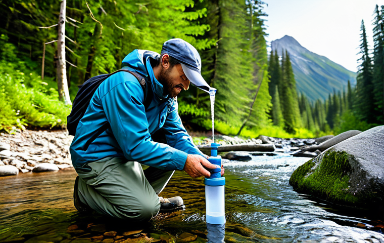 A professional wilderness explorer, fully clothed in practical, modest outdoor attire including a durable jacket and trousers, stands beside a crystal-clear mountain stream. Lush, vibrant green forest foliage densely surrounds the stream, with sunlight filtering through the canopy. The explorer is carefully examining the pristine water, with a modern, portable water filter visibly attached to a bottle, ready for use. The scene emphasizes the pure, untouched nature of the water source. Professional photography, high detail, realistic, serene atmosphere, perfect anatomy, correct proportions, natural pose, well-formed hands, proper finger count, natural body proportions, safe for work, appropriate content, family-friendly.